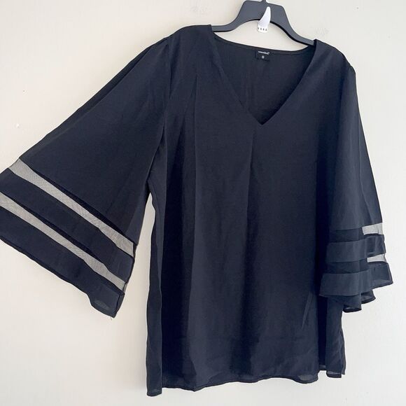 Conceited Sheer Stripes Long Bell Sleeve Top Plus Size 2X Blouse Casual V Neck - Picture 1 of 9